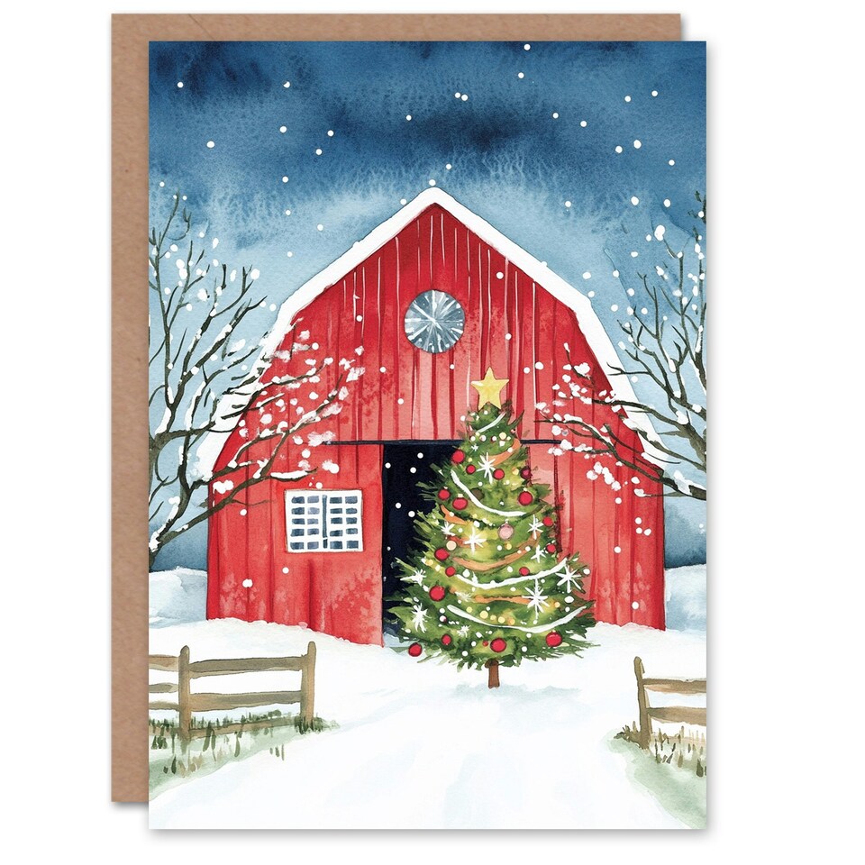 image 1 of Barn Decorated Tree Winter Landscape Blank For Him Or Her Art Xmas Festive Christmas Card