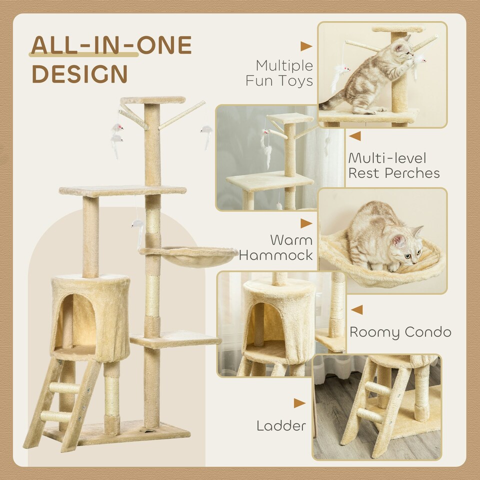 image 1 of PawHut Cat Tree for Indoor Cats, 135cm Scratching Post Climbing Tower, Beige