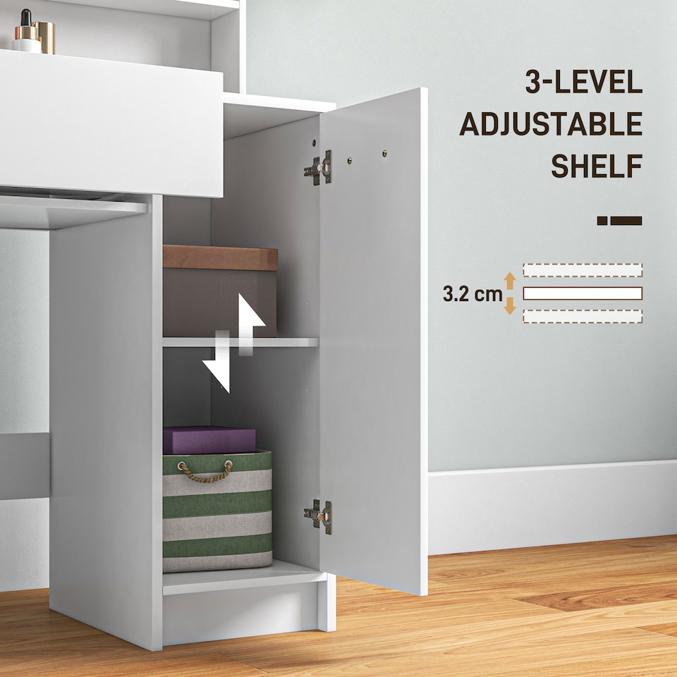 image 1 of HOMCOM Dressing Table with Mirror and Stool, Vanity Table, Modern Makeup Desk with Drawer, Storage Cabinet and Adjustable Shelf for Bedroom, White
