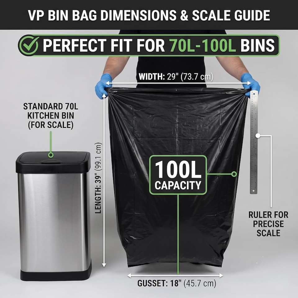 image 1 of VP 200 Large Black Bin Bags, Heavy Duty Refuse Sacks (100L, 18" x 29" x 39"), Ultra Strong, Tear Resistant Black Bin Liners for Household, Kitchen, Garden & Industrial Rubbish, 100% Recycled Plastic
