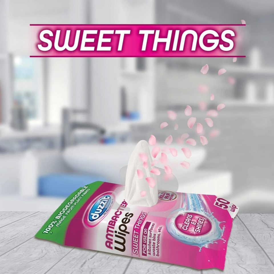 image 1 of Pack of 50 Duzzit Biodegradable Antibacterial Sweet Things Scented Wipes