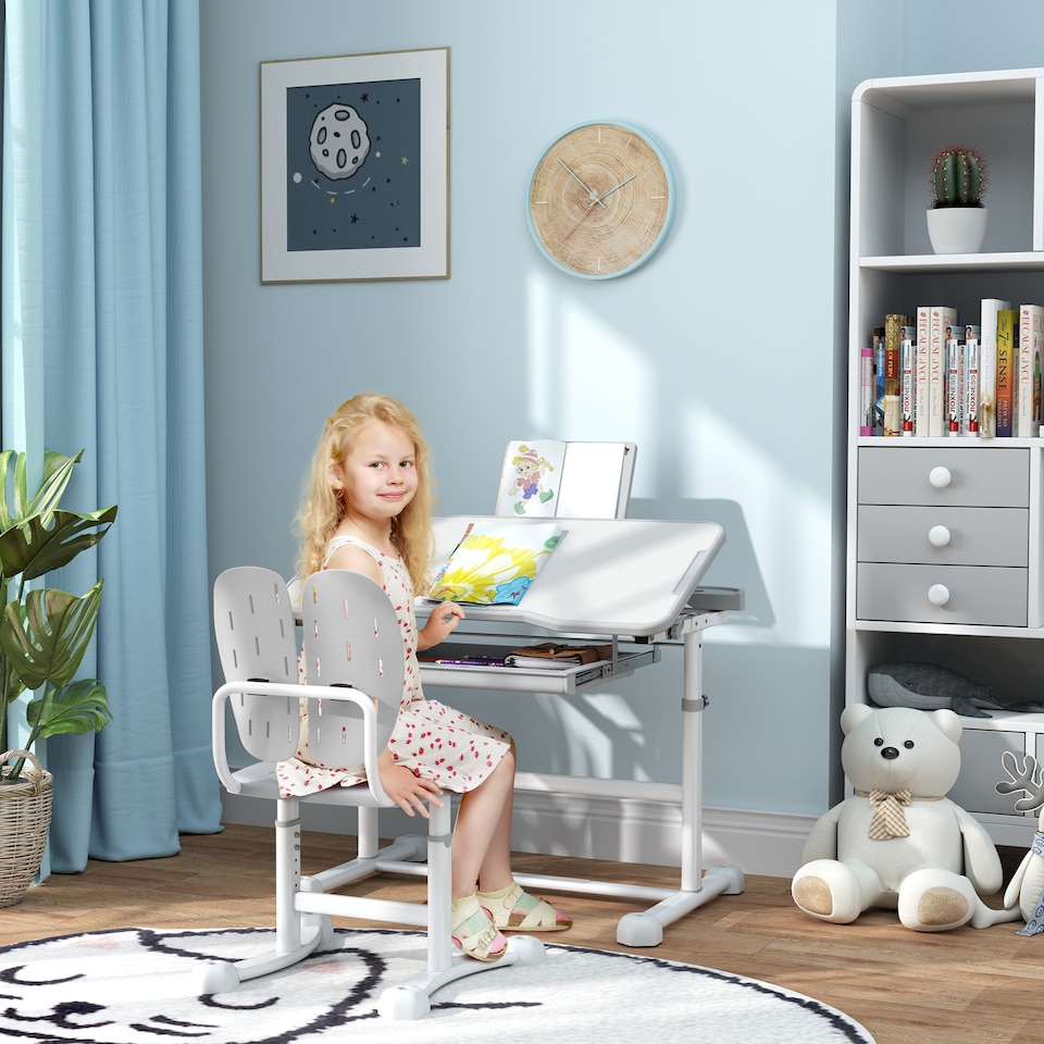 image 1 of AIYAPLAY Height Adjustable Kids Desk and Chair Set w Tilted Desktop | Grey