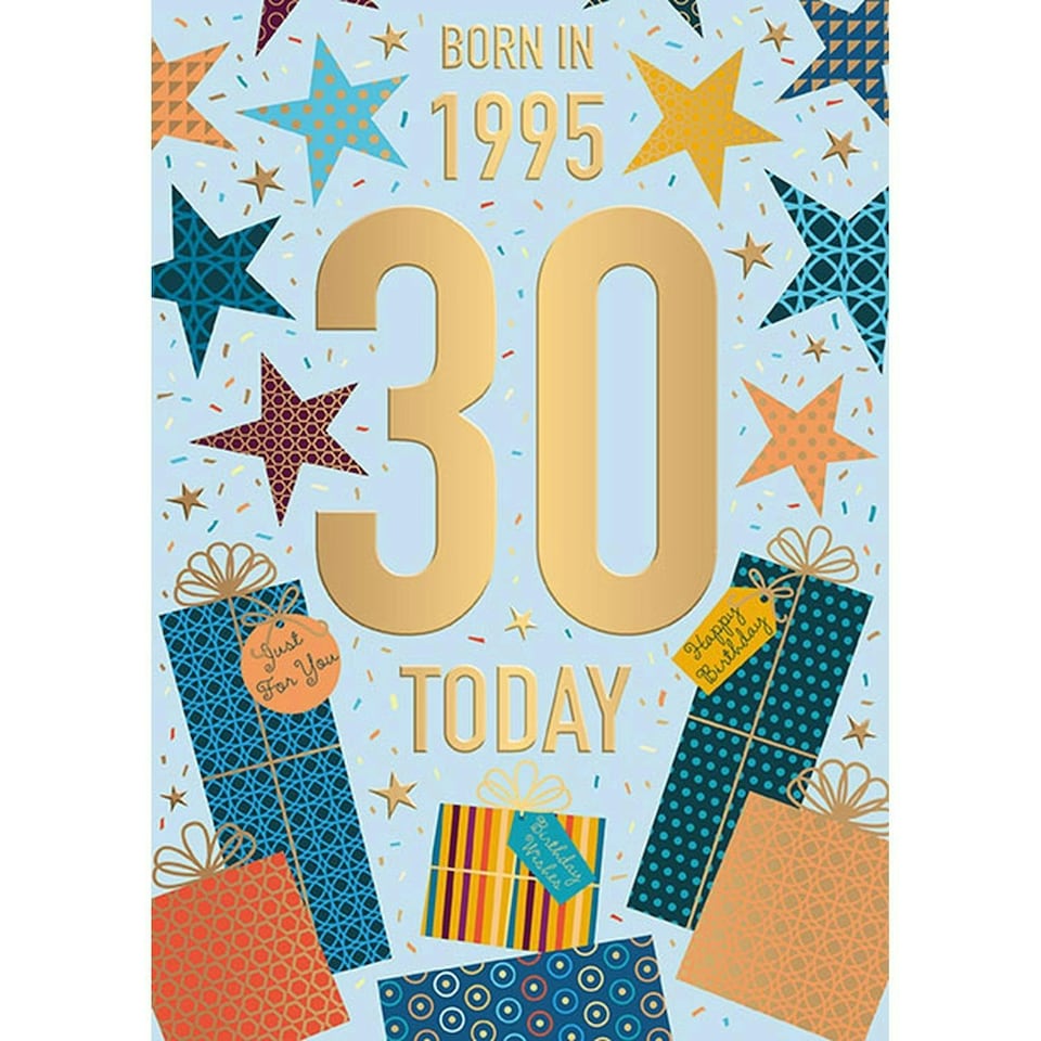 Words 'n' Wishes Male 30th Birthday Card, Birthday Card Age 30 with Born in 1995 Confetti and Gifts Design
