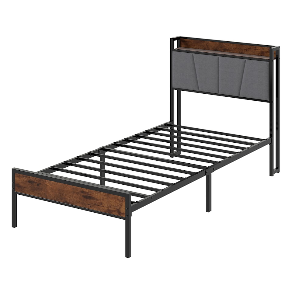 image 1 of Levede Heavy Duty Single Bed Frame Metal Platform with Storage Headboard 3FT | Brown | Single | Single