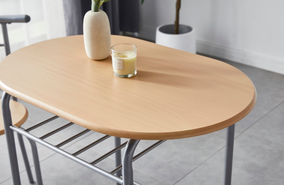 image 1 of Kitchen Breakfast Bar Small Dining Table and 2 chairs Set with Metal frame -Natural