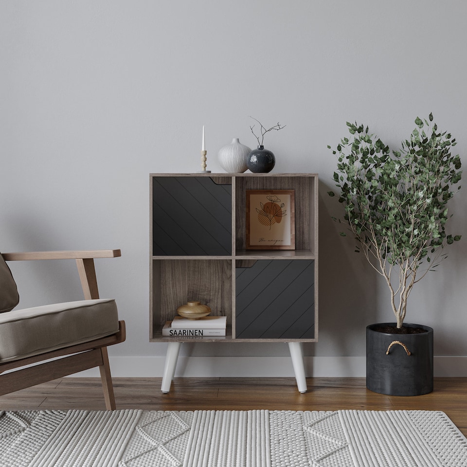 image 1 of Anthracite Oak 4-Cube Storage Unit with 2 Line Doors and Legs | Black | Black & White | 1