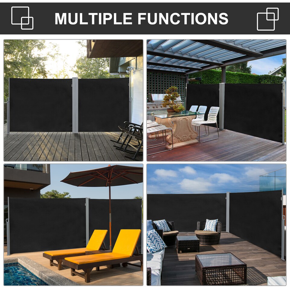 image 1 of Outsunny Retractable Sun Side Awning Screen Fence Patio Garden Wall Balcony Screening Panel Outdoor Blind Privacy Divider (3x1.8M, Black) | Black