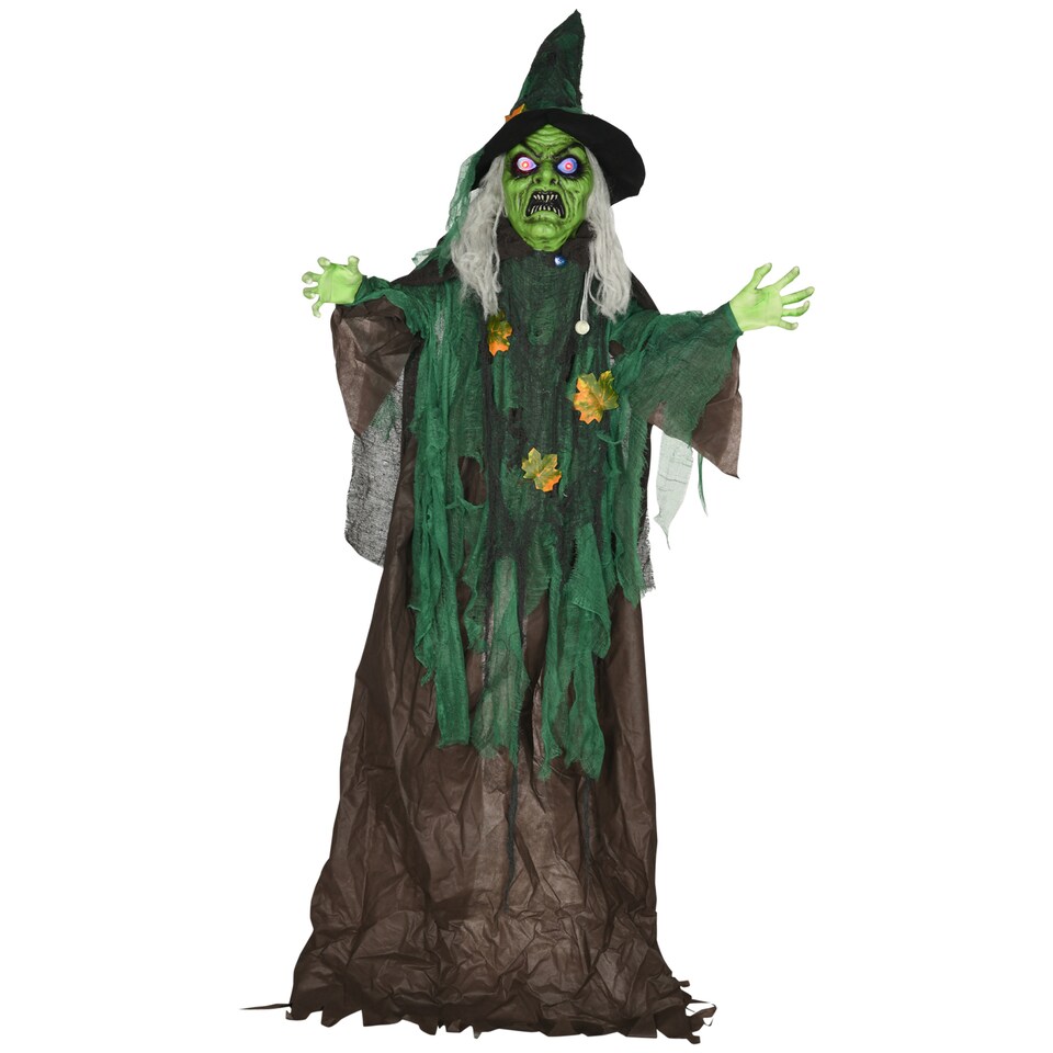 image 1 of HOMCOM 6ft Outdoor Halloween Decoration Witch, Standing Witch Prop Life Size with Sound and Motion Activated, Light Up Eyes Magical Heart, Talking Sound, Posable Arms, Moving Head