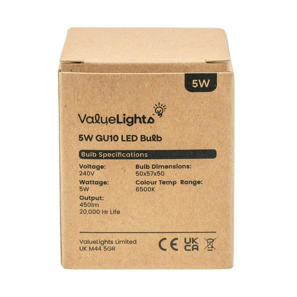 image 1 of ValueLights 3 Pack Dimmable GU10 White Plastic Spotlight LED 5W Cool White 6500K 480lm Light Bulb