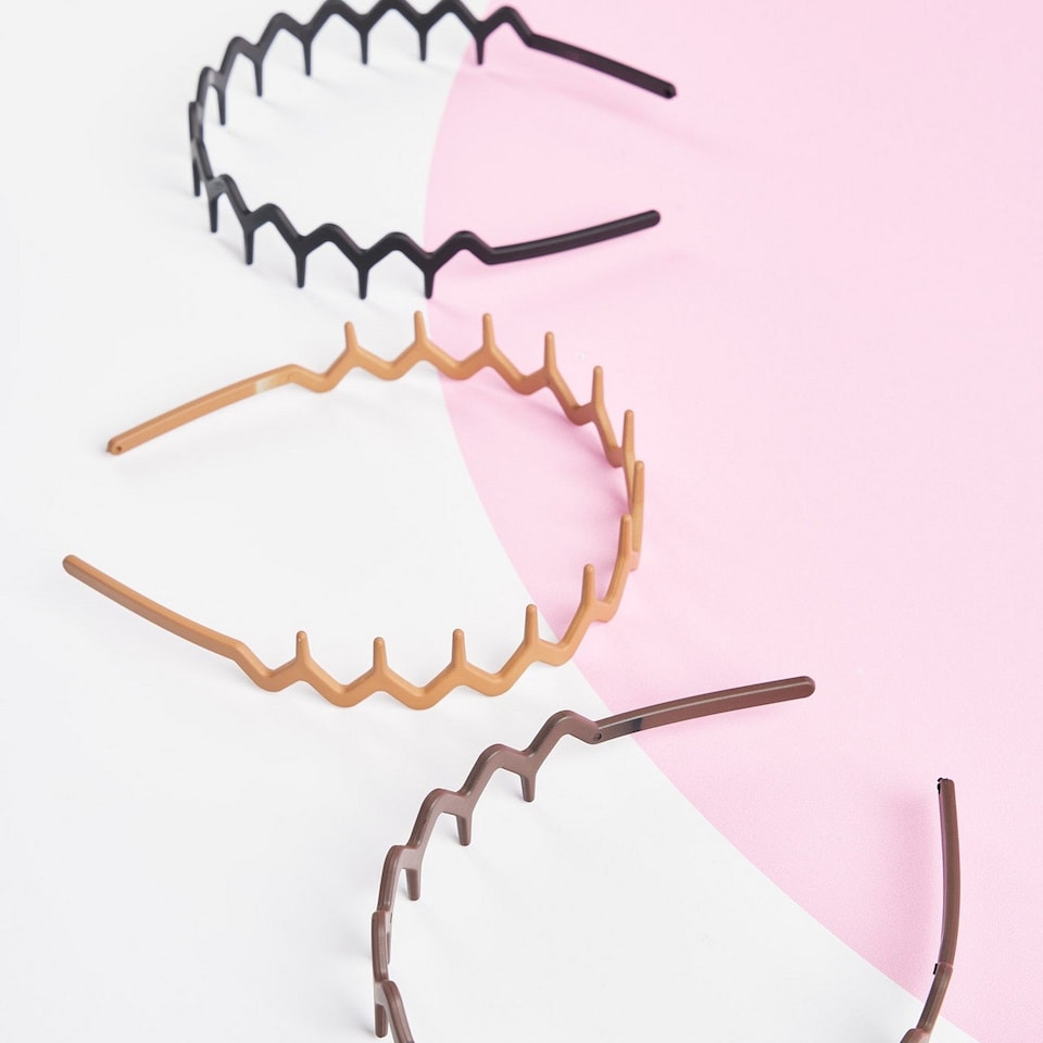 image 1 of Brushworks Neutral Zig Zag Headbands - 3 Pack | Grey | Black, Beige, Dark Brown