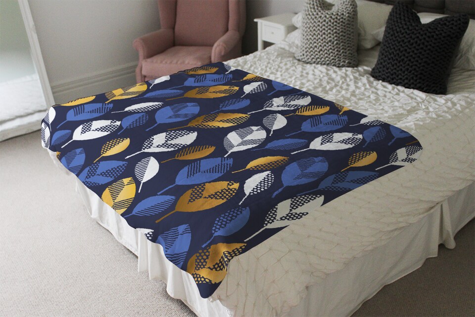 image 1 of White Blue & Gold Leaves On Navy Blanket | Multi