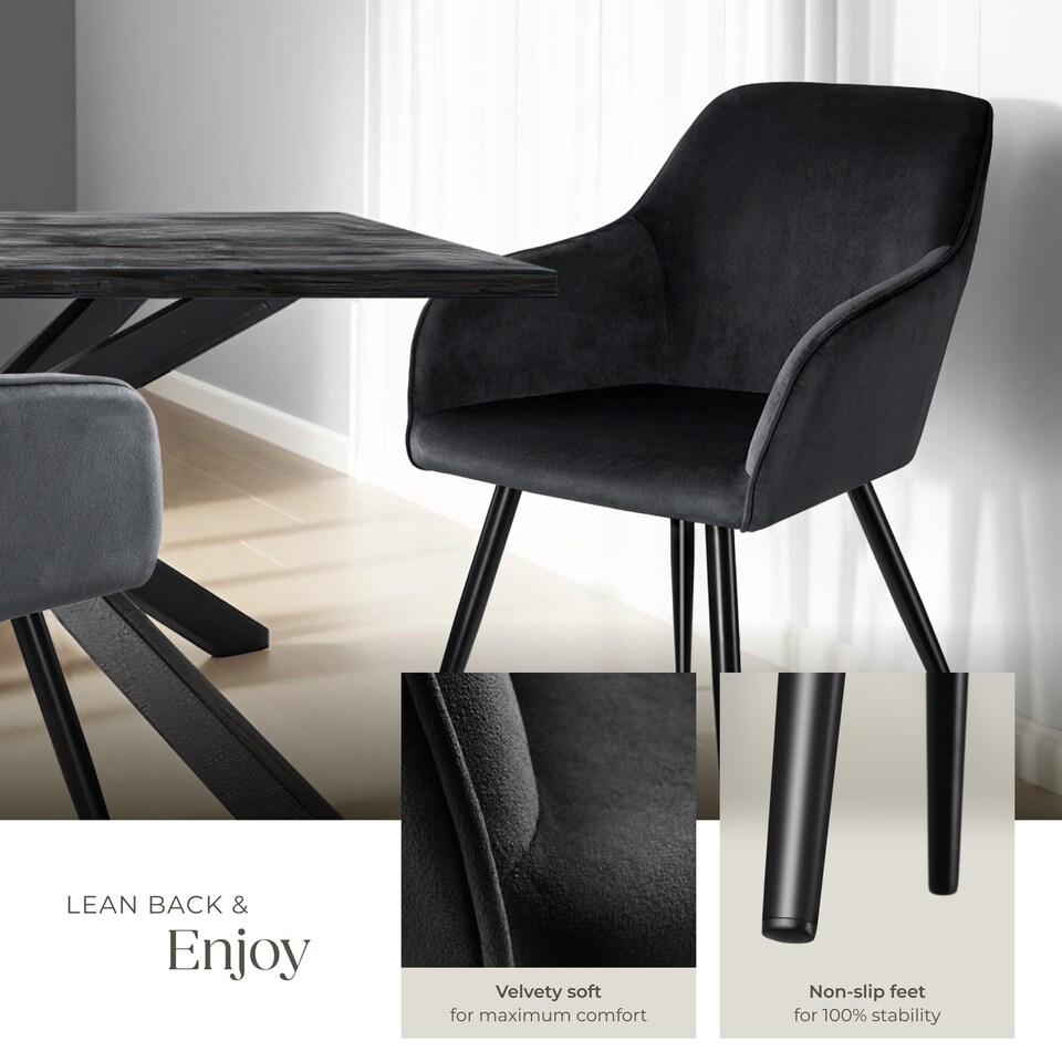 image 1 of Dining Chair Marilyn - with armrests, padded, velvet look, black steel legs | Black | black | One Size | 1