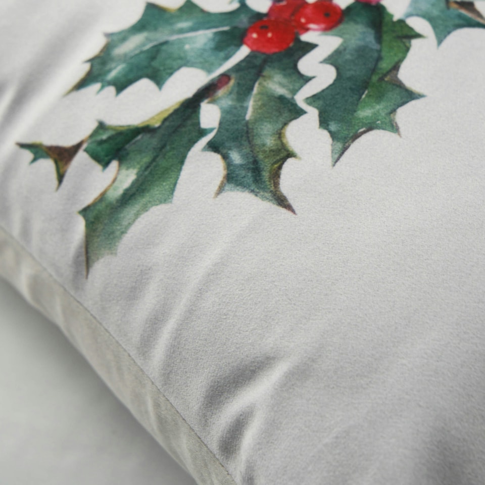 image 1 of BHS Christmas Holly Print Cushion, Green