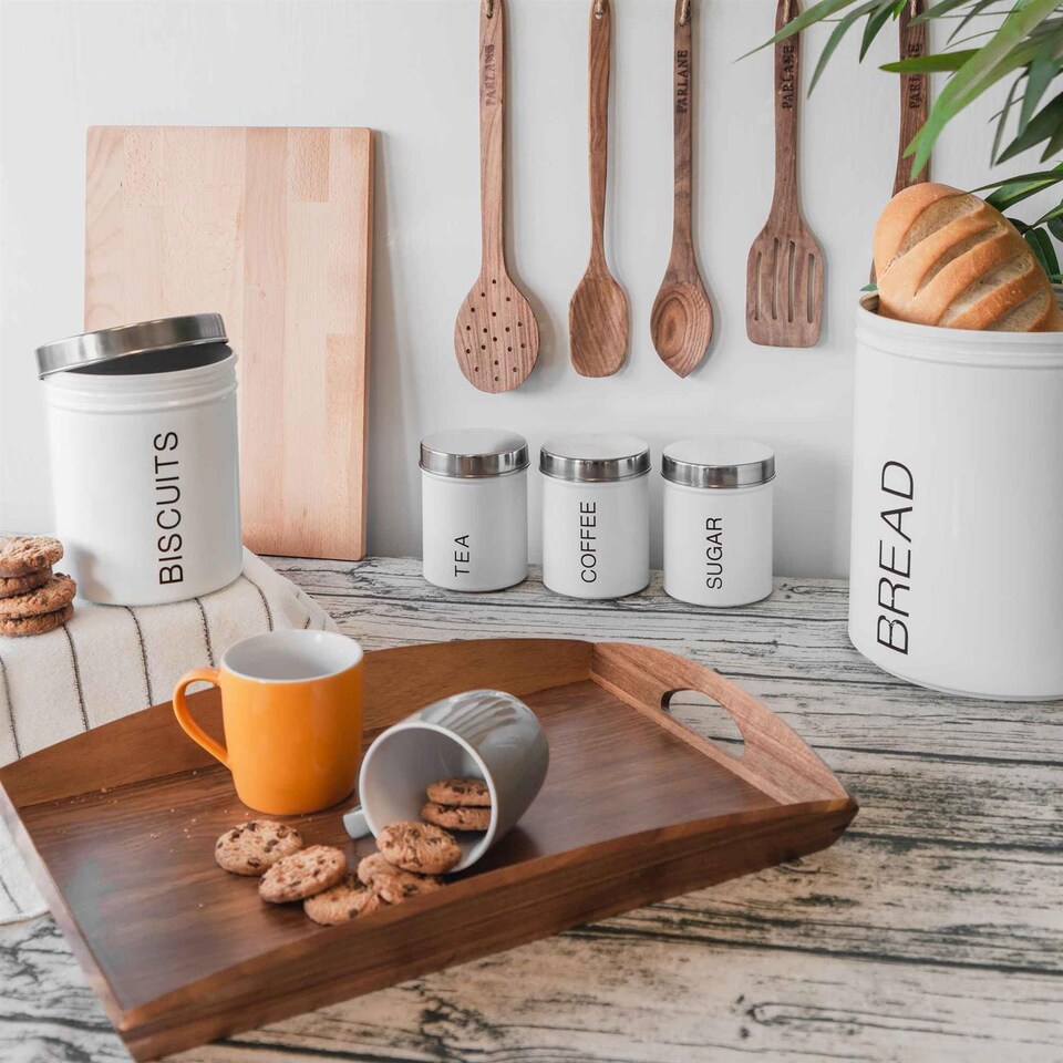 image 1 of Harbour Housewares Round Metal Kitchen Tea Coffee Sugar Canisters - White