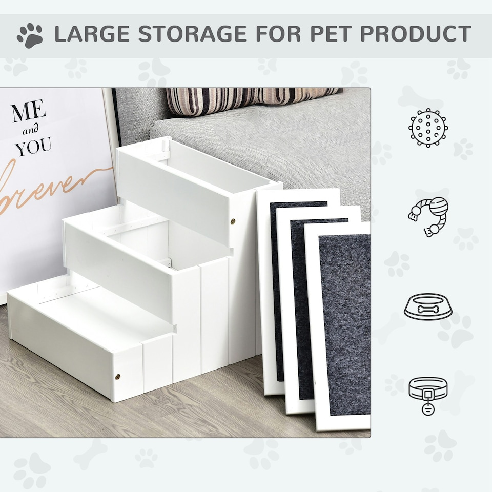 image 1 of PawHut 3 Step Wooden Dog Steps Pet Stairs Cat Ladder for Bed with Storage White