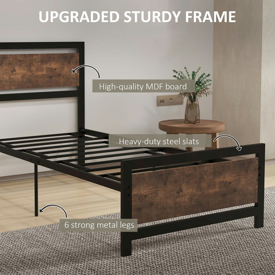 image 1 of HOMCOM Single Size Metal Bed Frame w/ Headboard & Footboard, 97x195x103cm
