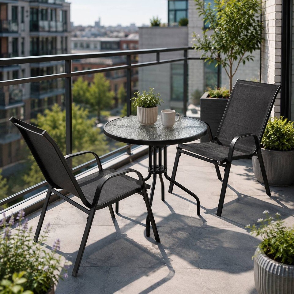 image 1 of 3 Pcs Garden Round Glass Top Table & 2 Chairs Bistro Set