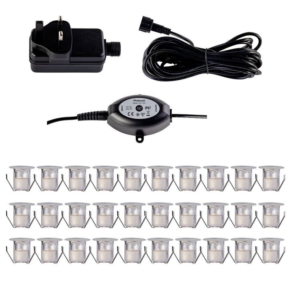image 1 of Set of 30 - 30mm IP67 Warm White LED Decking Kit with Photocell | Chrome | Clear | 30