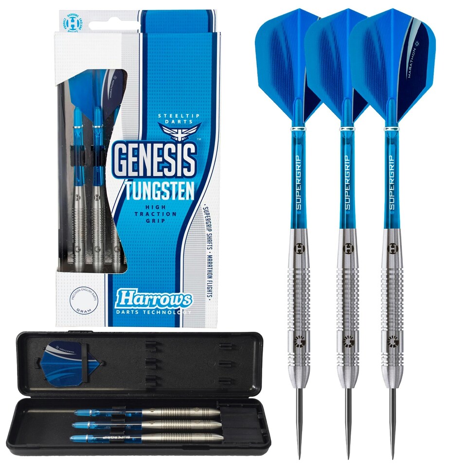 image 1 of Harrows GENESIS Tungsten Steel Tip Darts 21g 22g 23g 24g 25g 26g High Traction Grip, Supergrip Shafts, Marathon Flights (24g)