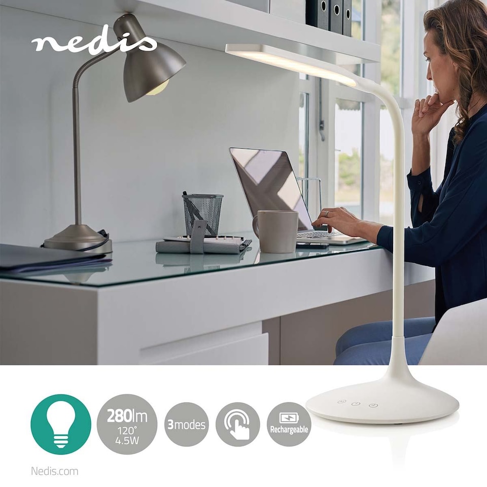 image 1 of Nedis LED Table / Bedside Desk Lamp Dimmable & USB Rechargeable with Touch Function - White
