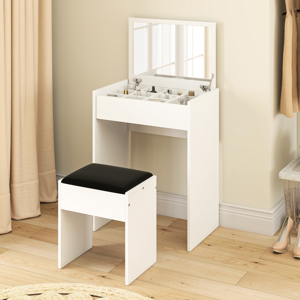 image 1 of HOMCOM Dressing Table with Mirror and Stool, Vanity Makeup Table with Flip Up Mirror, Vanity Desk with Storage Unit and Padded Seat, White