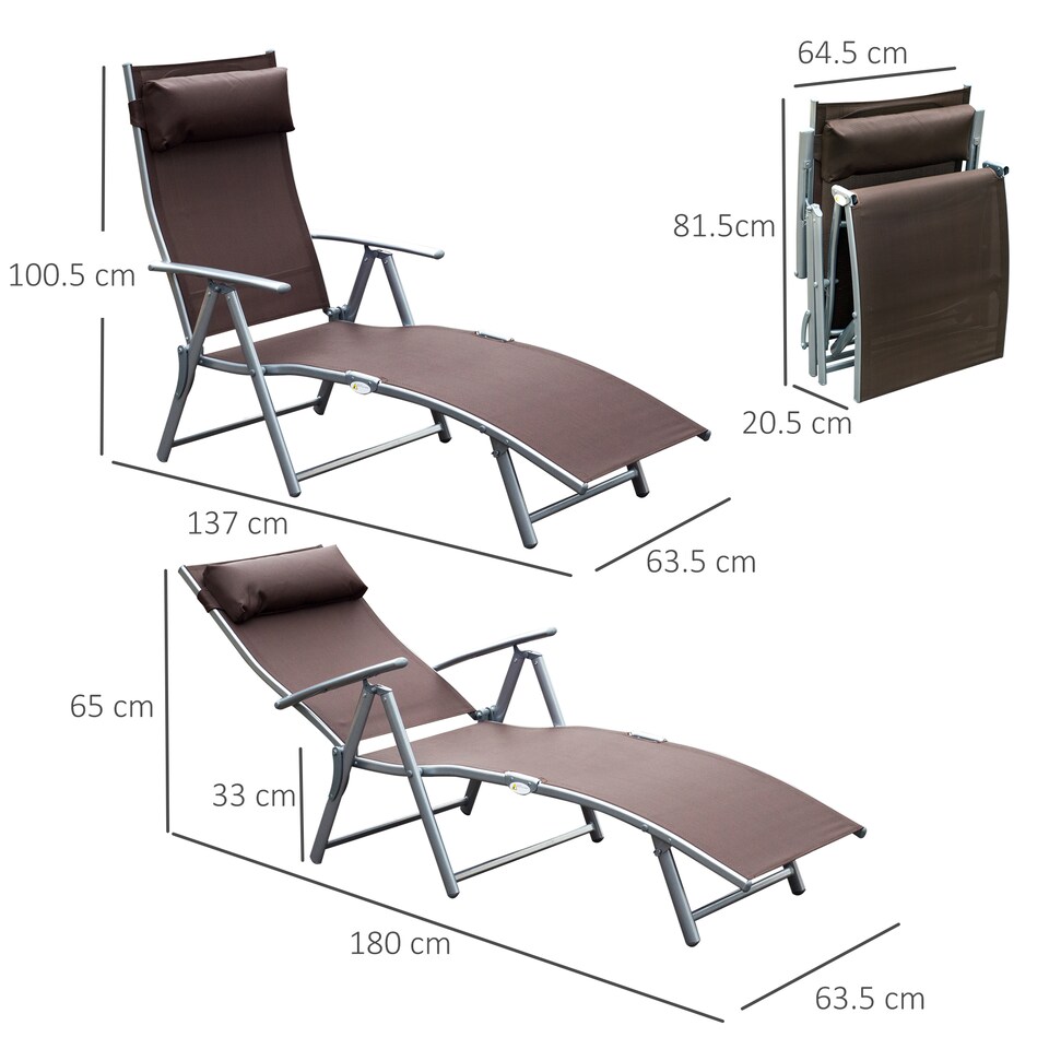 image 1 of Outsunny Sun Lounger Steel Frame Outdoor Folding Chaise Texteline Lounge Chair Recliner with Headrest & 7 Levels Adjustable Backrest, Brown