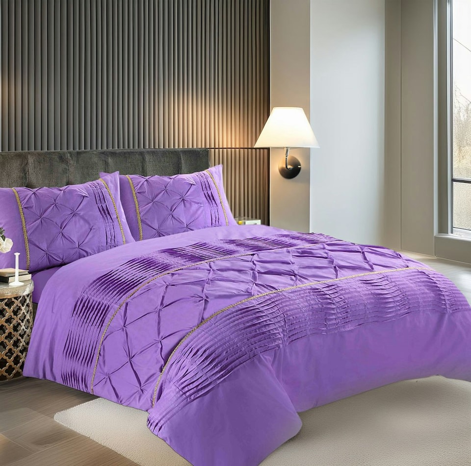 image 1 of Duvet Cover And Pillowcase Set Silver Black Red Lilac White Pintuck Pleated Design Polycotton Linen Purple | Purple | Lilac | King