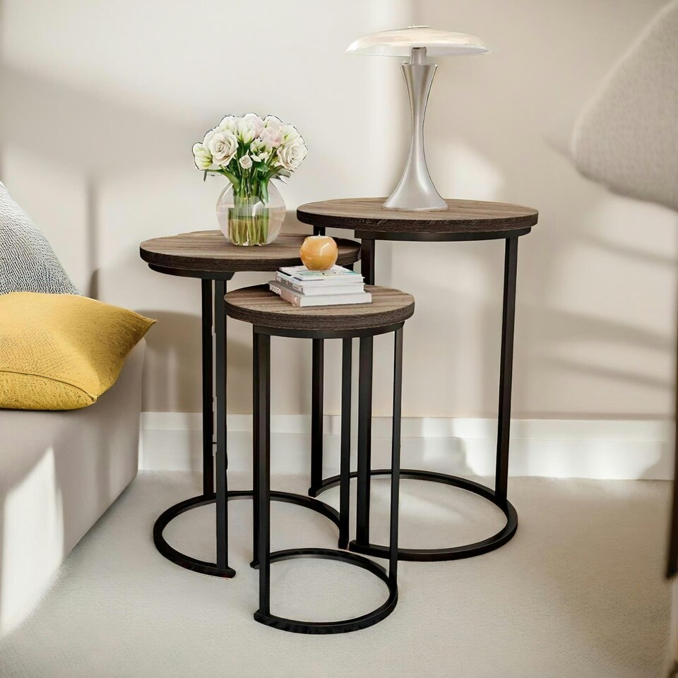 image 1 of Set of 3 Wooden Nest Of Tables Brown Brown