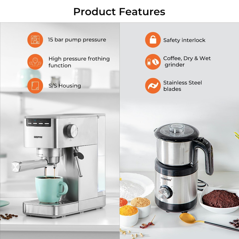 image 1 of GEEPAS 1450W Espresso & Cappuccino Coffee Machine & 450W Coffee Grinder Combo Set