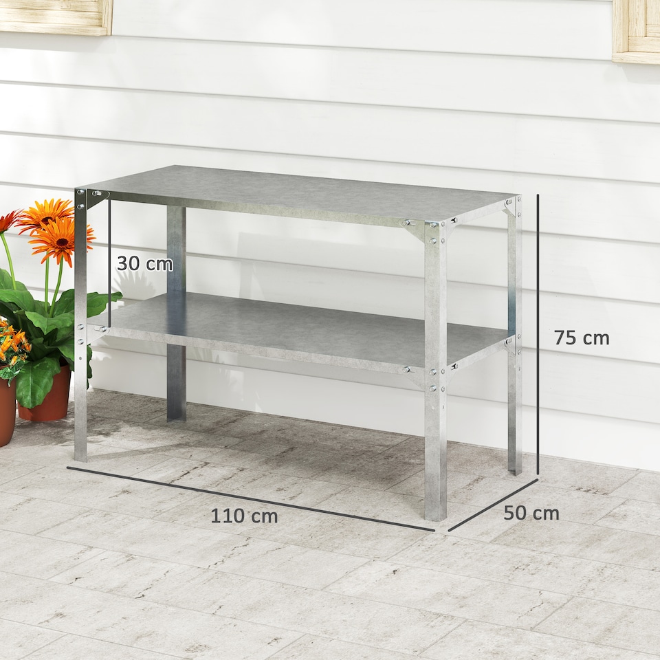 image 1 of Outsunny 2 Tier Potting Bench Table, Galvanised Work Bench, Silver Tone