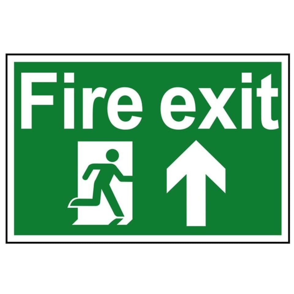 Scan Fire Exit Running Man Arrow Up - Pvc Sign 300 X 200mm - Multi Colour - 300 x 200mm