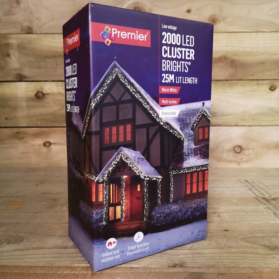 image 1 of 2000 LED 25m Premier Clusterbrights Indoor Outdoor Multifunction Mains Operated Christmas Cluster Lights with Timer in Warm White