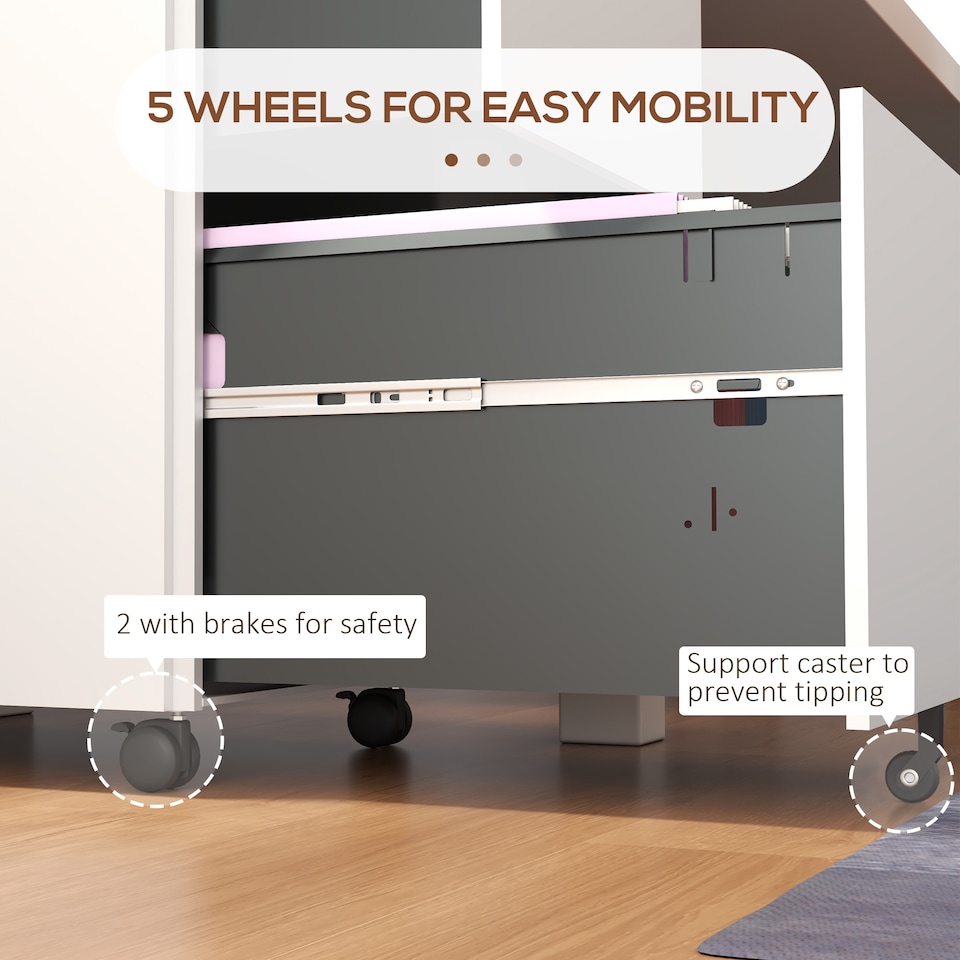 image 1 of Vinsetto 2-Drawer Vertical Filing Cabinet with Lock and 5 Wheels, Steel Mobile File Cabinet, for A4, Legal and Letter Size, Pre-Assembled Body, White