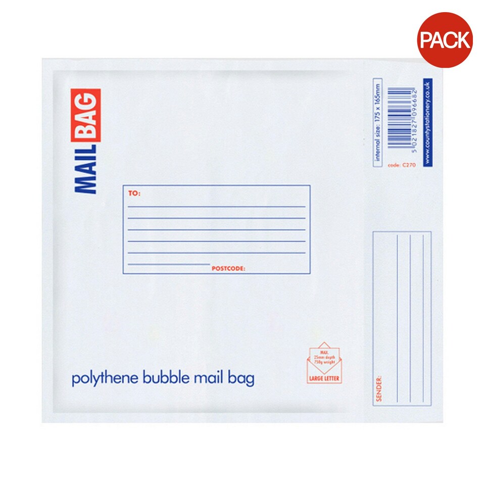 County Stationery Polythene Bubble Envelope Mail Bags (Pack Of 10) - White - Jumbo Multi | One Size