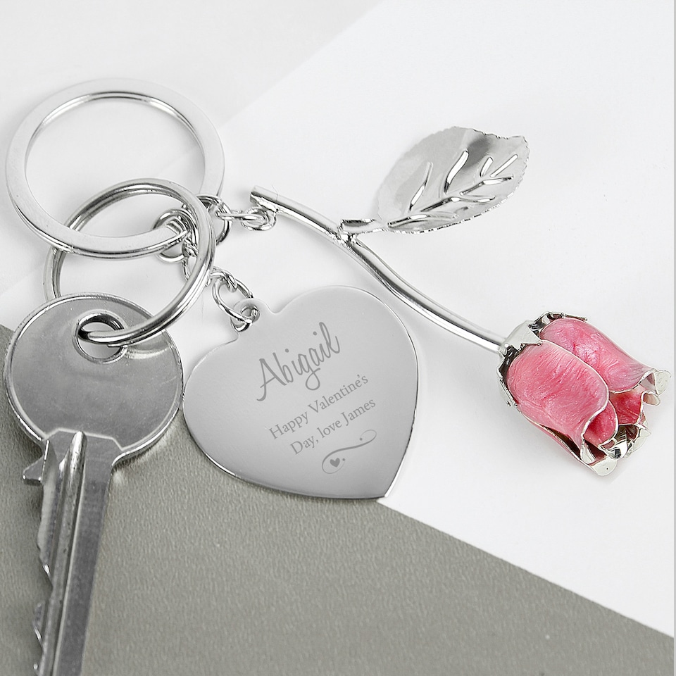 image 1 of Personalised Silver Plated Swirls & Hearts Pink Rose Keyring