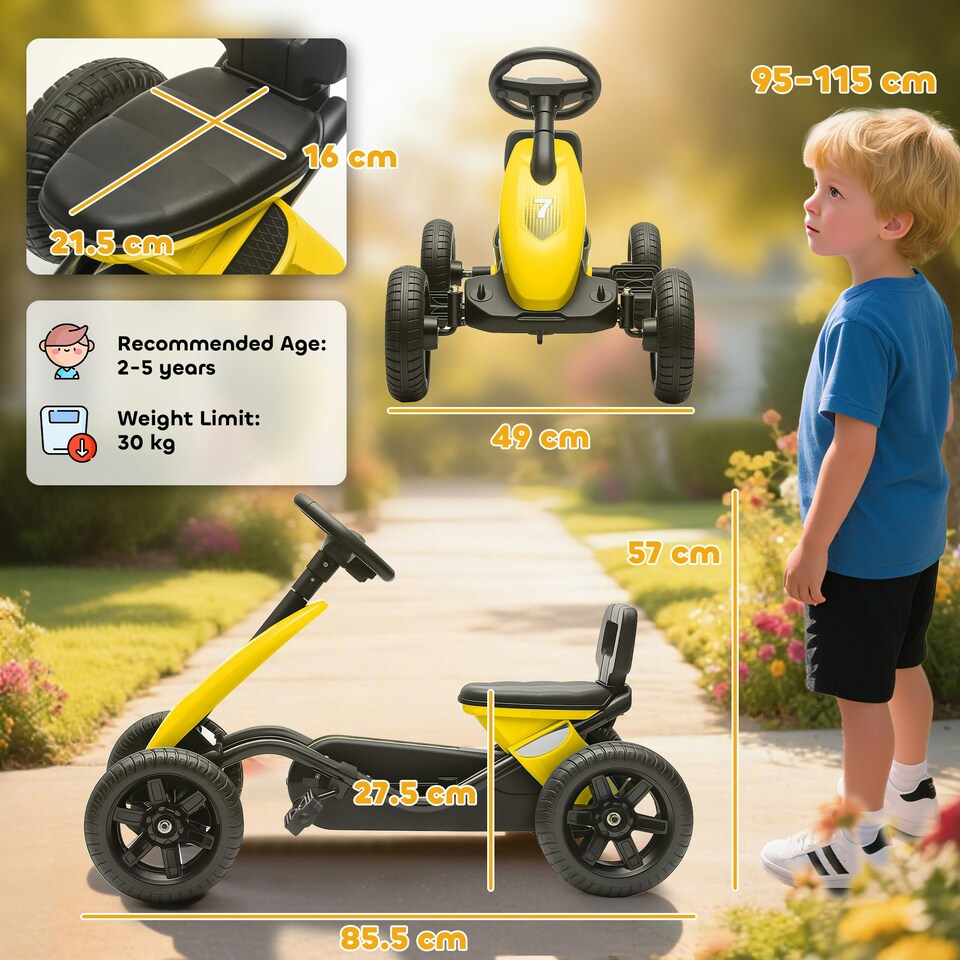 image 1 of AIYAPLAY Pedal Go-Kart for Kids with Silent EVA Wheels, Metal Frame, Yellow