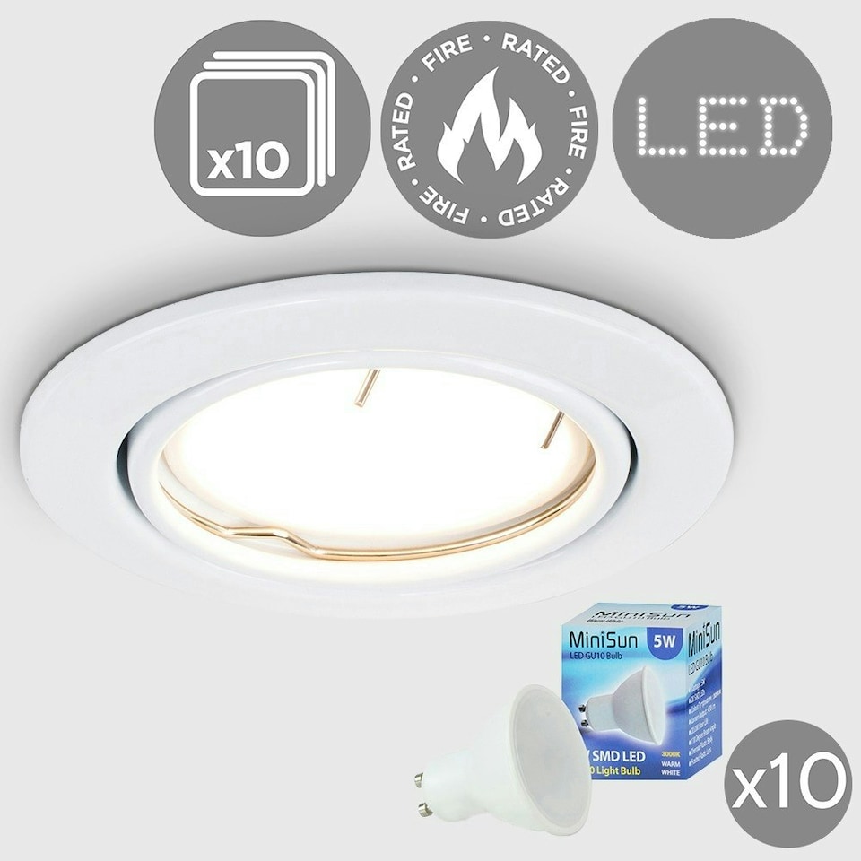 image 1 of ValueLights Pack of 10 Fire Rated White Tiltable GU10 Recessed Ceiling Downlights - Complete with 5w LED Bulbs 3000K Warm White