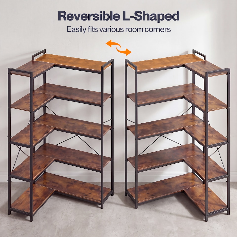 image 1 of Levede Corner Bookcase 5-Tier L-Shaped Bookshelf Space-Saving Spice Walnut Black Metal