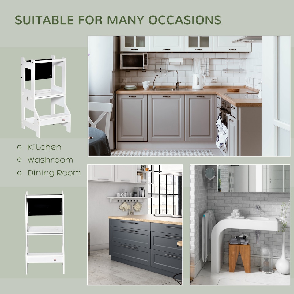 image 1 of HOMCOM 2 in 1 Kids Kitchen Step Stool Helper with Safety Rail | White