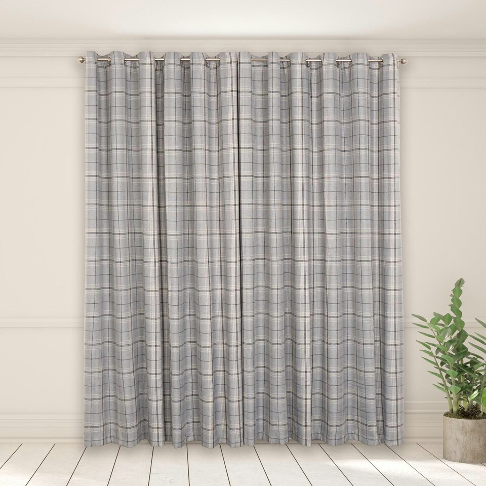 image 1 of OHS Textured Woven Check Eyelet Curtains, 66x72" - Grey
