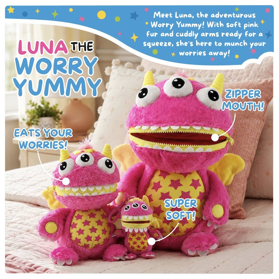 image 1 of Kids Worry Yummy Monster Cuddly Plush Toy Gift Set of 3 - Jumbo, Large and Clip-On Sizes Included