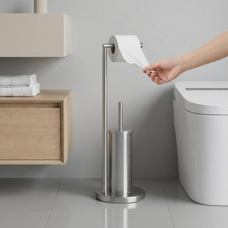 image 1 of Alivio 2-in-1 Freestanding Toilet Paper Holder with Brush (20.5 x 67cm)