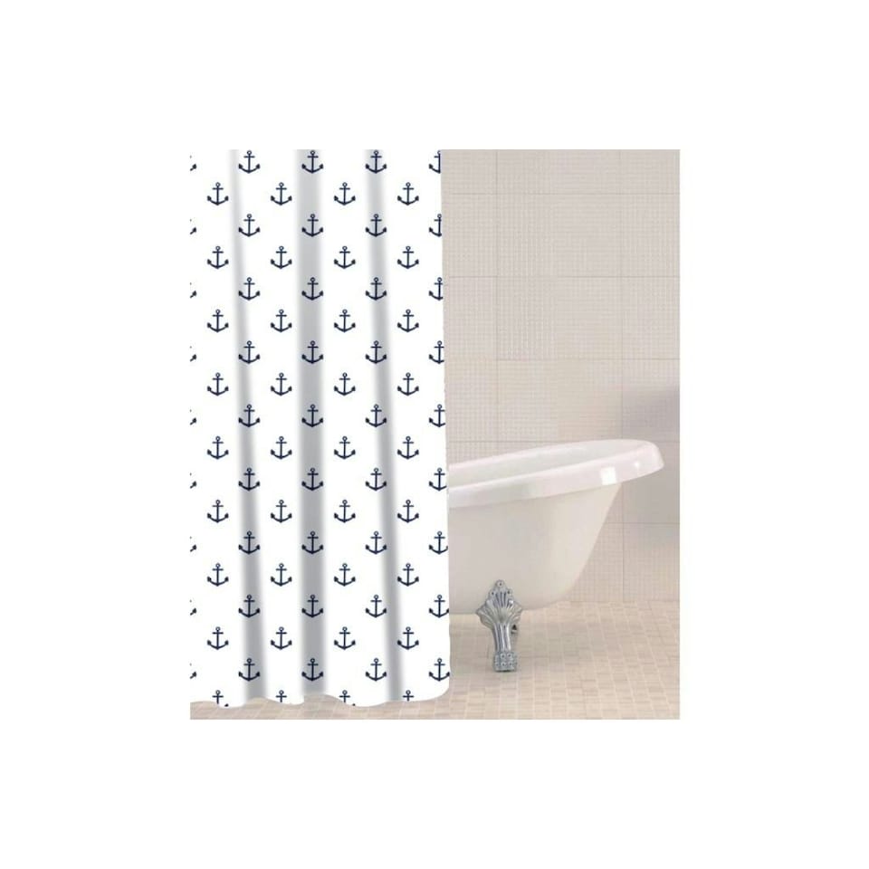 Sabichi Shower Curtain with Anchor Nautical Design - White/Blue - One Size