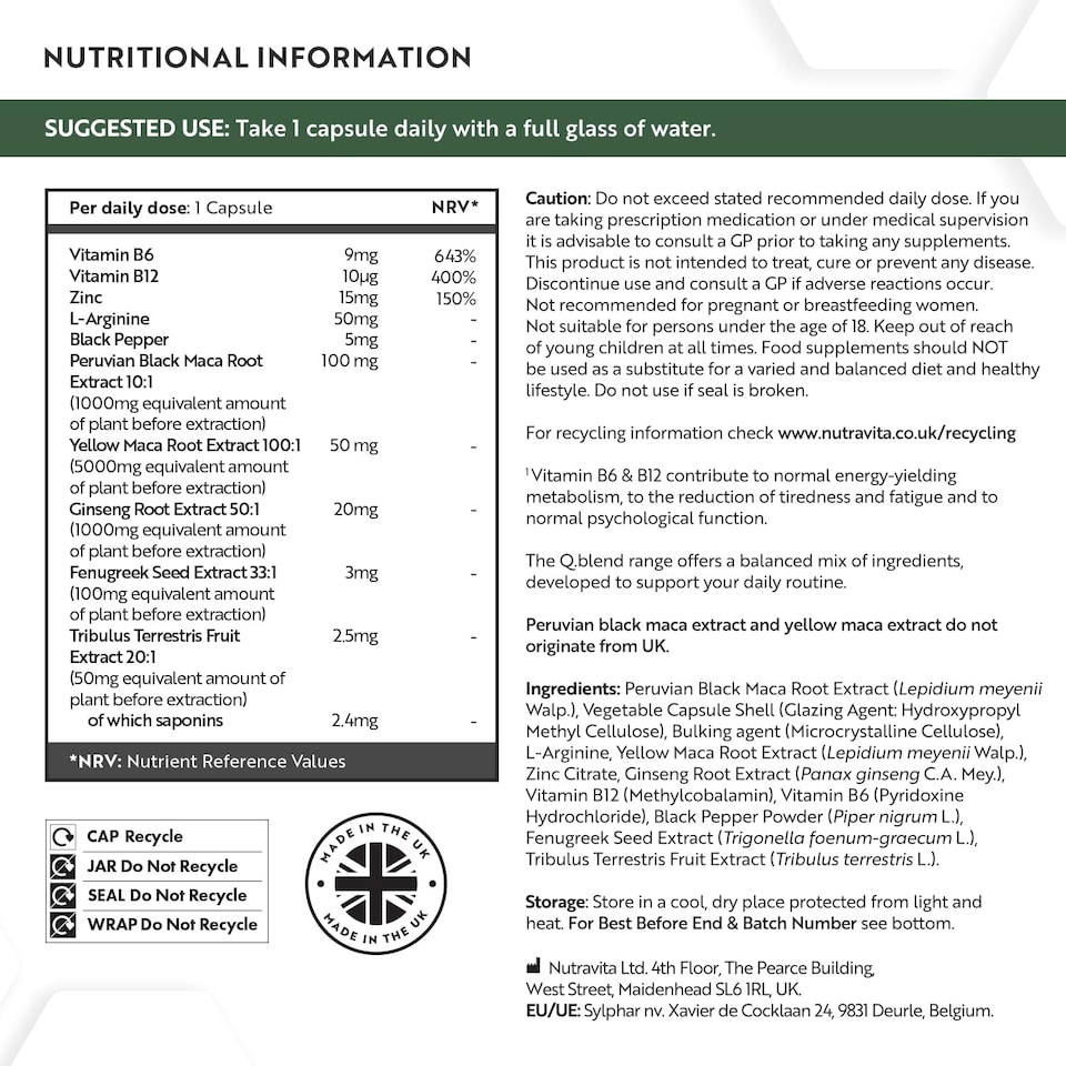 image 1 of Nutravita Black Maca Complex 6000mg with Fenugreek, Vitamin B12, Vitamin B6, Ginseng, L Arginine - Normal Energy and Fertility (EFSA) - 180 Capsules