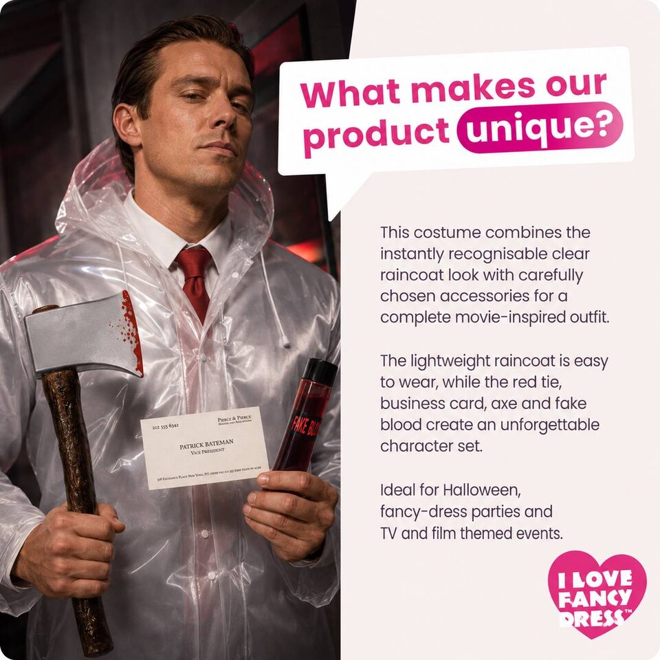 image 1 of Mens Halloween Businessman Serial Killer Costume Set - Raincoat, Tie, Fake Axe & Business Card