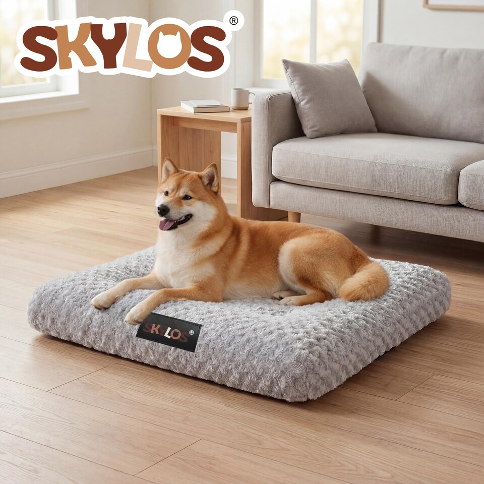 image 1 of SKYLOS Dog Bed Plush Soft Rose Velvet Non-Slip Pet Crate Keneel Mat | Grey | L | L