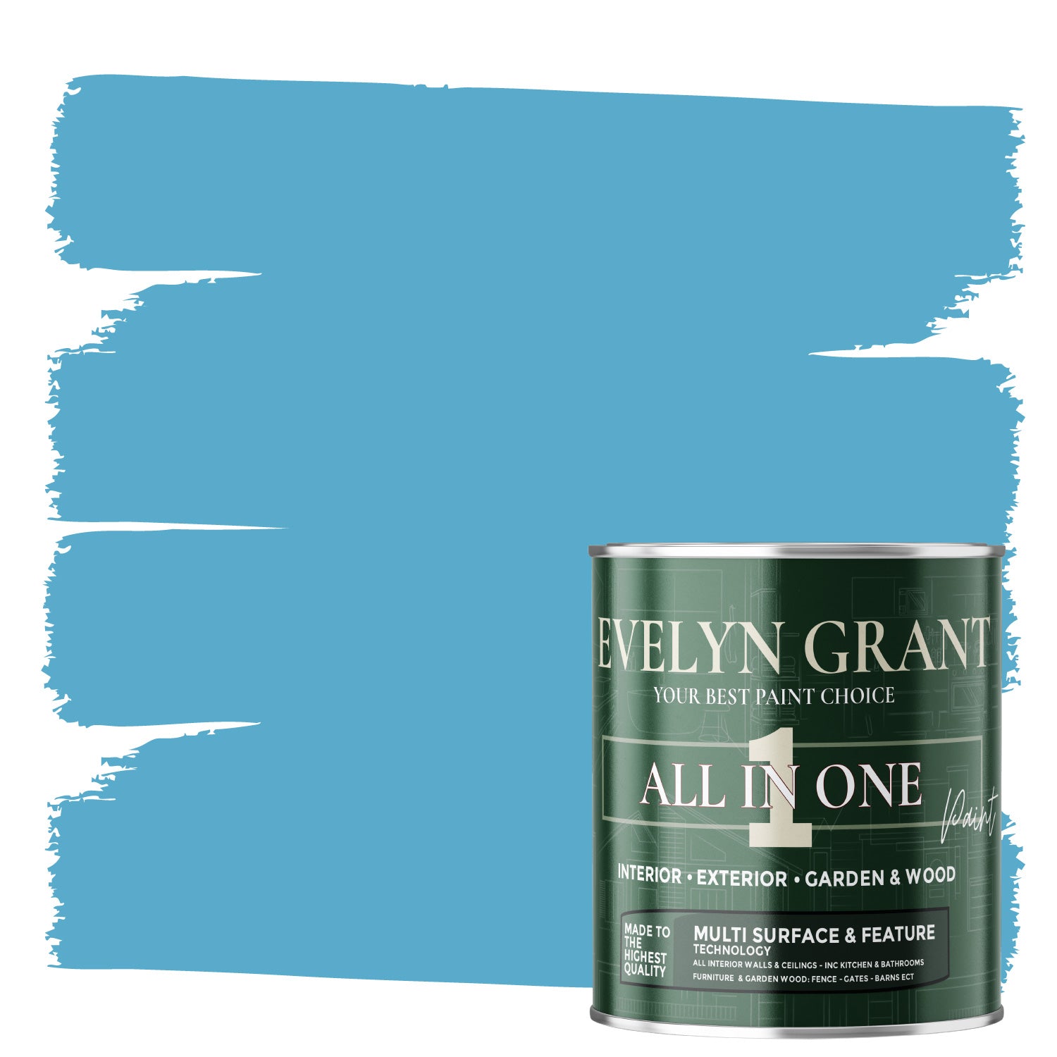 EVELYN GRANT All-in-One Paint & Primer - Multi-Surface for Walls, Wood, Interior & Exterior - Swimming Pool Blue - 1L - Matt