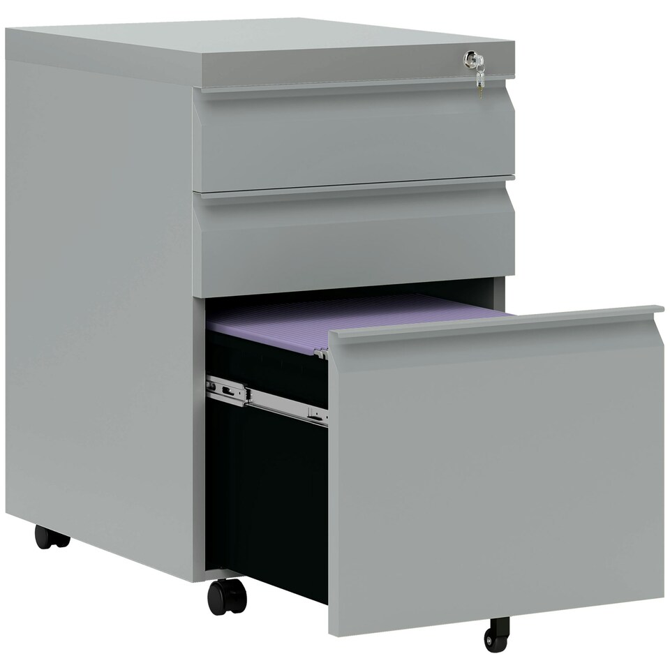 image 1 of Vinsetto 3 Drawer File Cabinet, Lockable Metal Filling Cabinet, Grey