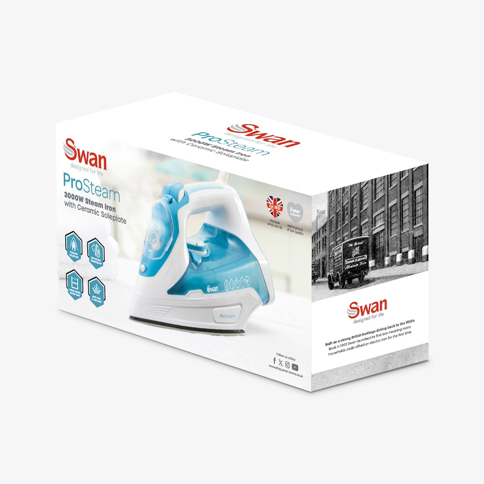 image 1 of Swan Steam Iron with Ceramic Soleplate, ProSteam Technology, Anti-Calc, Anti-Drip, Adjustable Temperature Dial and 360 Degree Swivel Cord, 3000W, White and Aqua, SI12055AQ