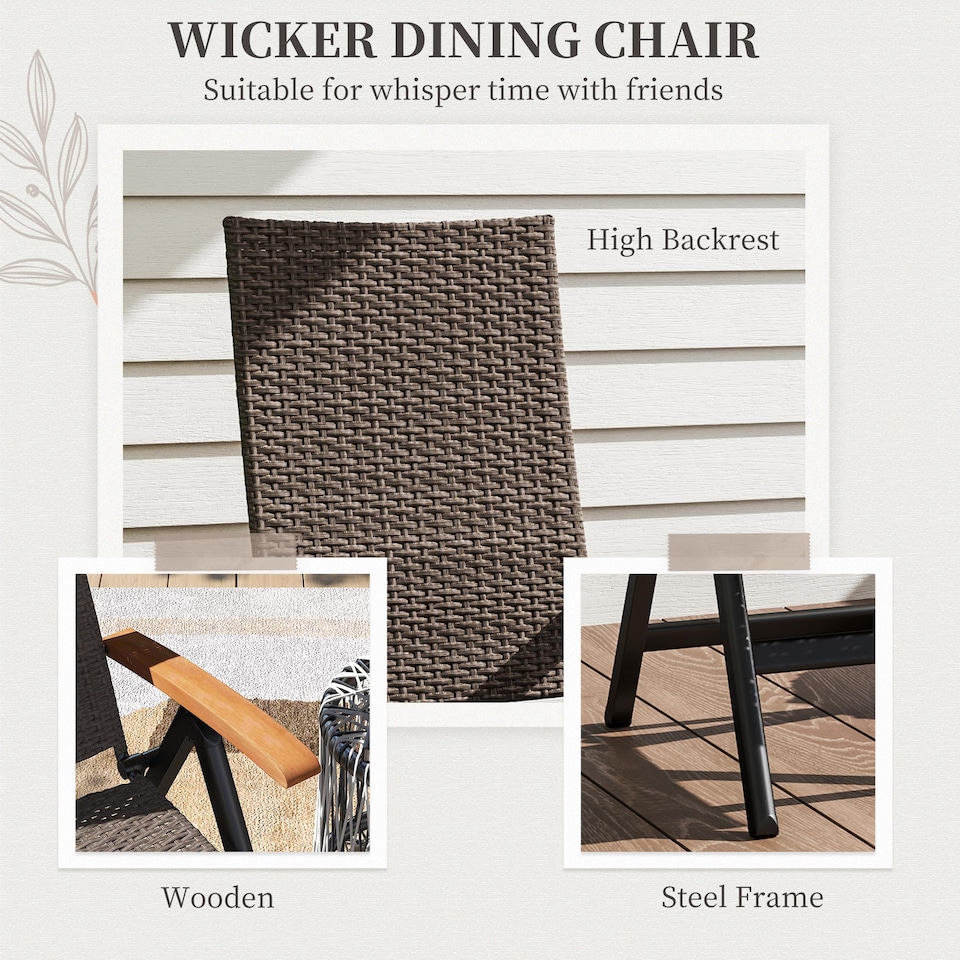 image 1 of Outsunny Folding Garden Chair, 5-level Reclining PE Rattan Garden Dining Chair with Wood Armrests, High Back and Steel Frame for Outdoor, Patio, Terrace, Porch, Brown | Brown | Brown